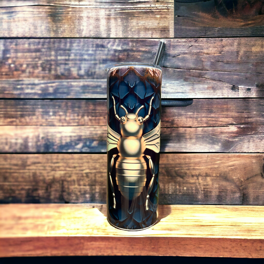 3D Bee with Honeycomb - Black/Gold 20 oz Skinny Tumbler with Straw - Stainless Steel, Eco-Friendly, Reusable Metal Straw - Lid Drink Drinkware Water Bottles