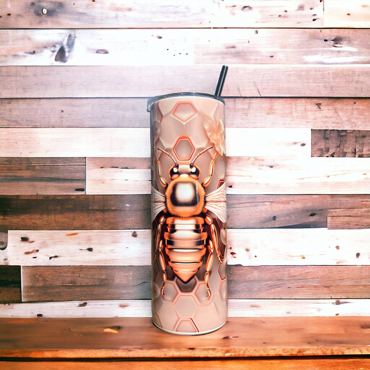 3D Bee with Honeycomb - Rose Gold 20 oz Skinny Tumbler with Straw - Stainless Steel, Eco-Friendly, Reusable Metal Straw - Lid Drink Drinkware Water Bottles