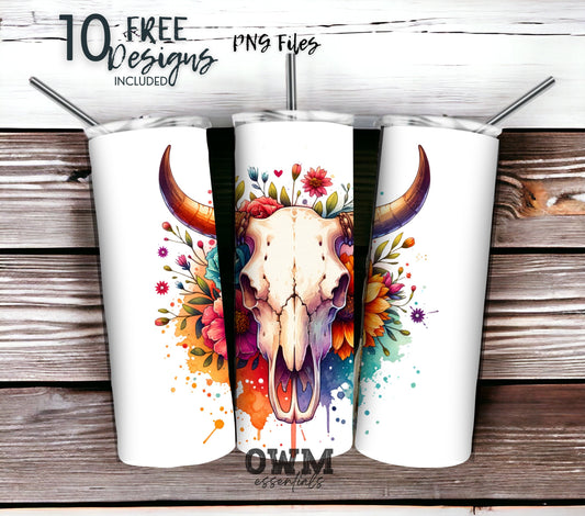 Boho Cow Skull 20 oz Skinny Tumbler Sublimation Design - PNG Instant  - DIGITAL DOWNLOAD