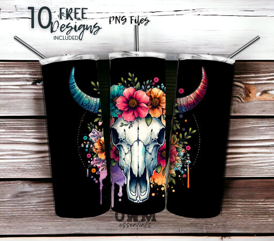 Boho Cow Skull 20 oz Skinny Tumbler Sublimation Design - PNG Instant  - DIGITAL DOWNLOAD