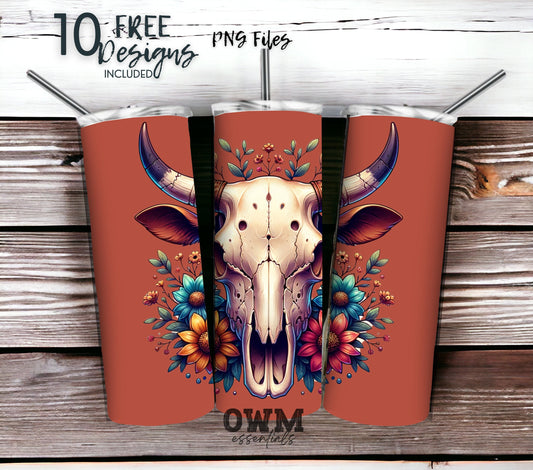 Boho Cow Skull 20 oz Skinny Tumbler Sublimation Design - PNG Instant  - DIGITAL DOWNLOAD