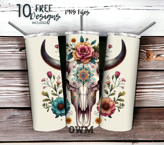 Boho Cow Skull 20 oz Skinny Tumbler Sublimation Design - PNG Instant  - DIGITAL DOWNLOAD