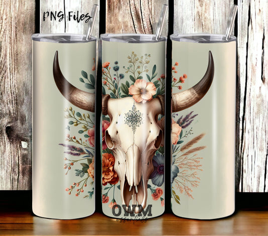 Boho Cow Skull 20 oz Skinny Tumbler Sublimation Design - PNG Instant  - DIGITAL DOWNLOAD