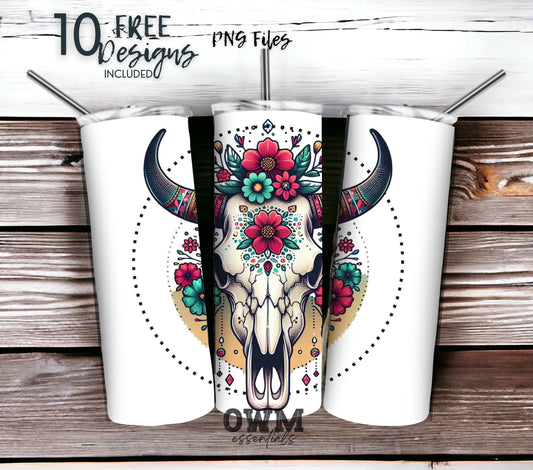 Boho Cow Skull 20 oz Skinny Tumbler Sublimation Design - PNG Instant  - DIGITAL DOWNLOAD