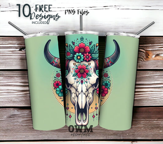 Boho Cow Skull 20 oz Skinny Tumbler Sublimation Design - PNG Instant  - DIGITAL DOWNLOAD