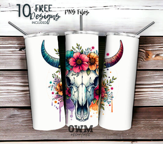 boho cow skull tumbler design for sublimation, tumbler design for sublimation, boho design with flowers