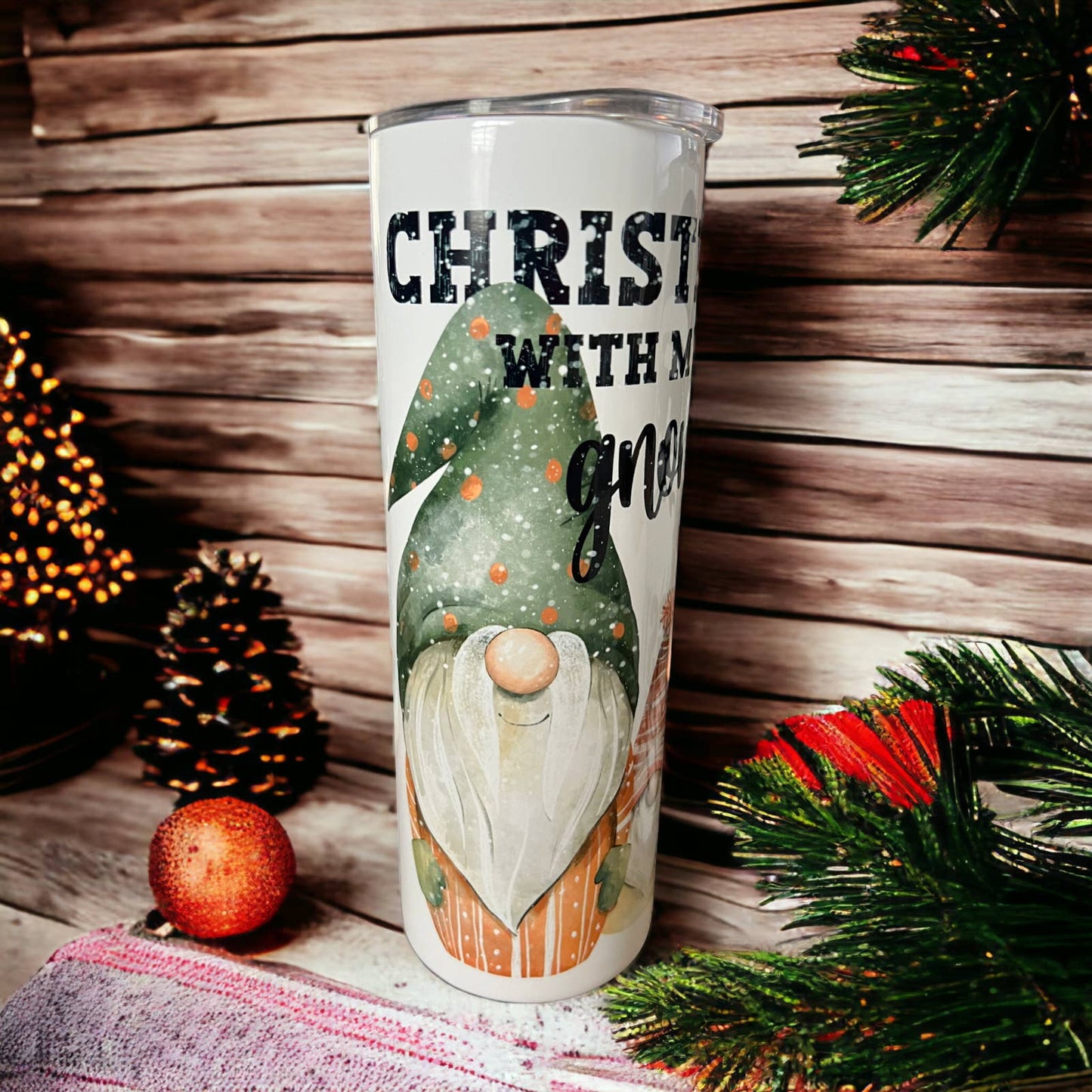 Christmas with my Gnomies - 20 oz Skinny Tumbler with Straw - Stainless Steel, Eco-Friendly, Reusable Metal Straw - Lid Drink Drinkware Water Bottles